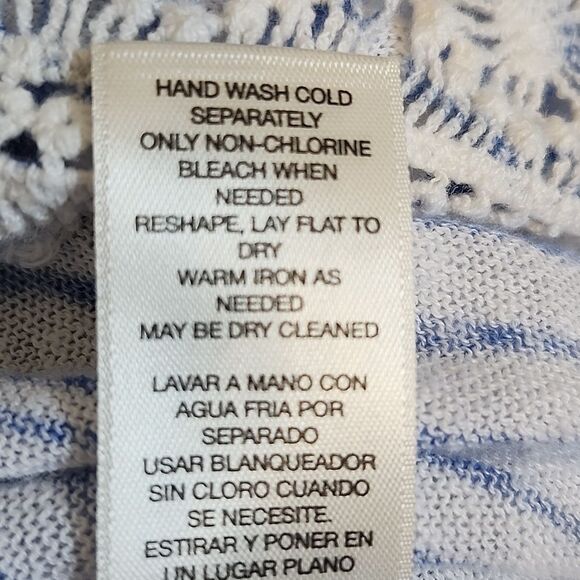 Chico's Linen Blend Cardigan Sweater, Blue & White Zebra Print, Lace Panels, 12 - Picture 8 of 9